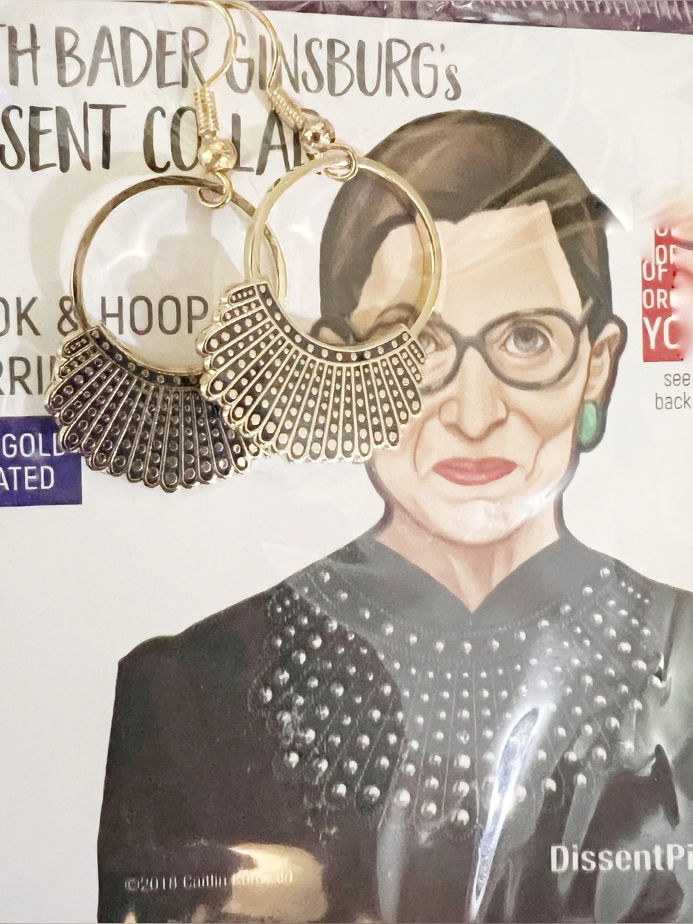 Ruth Bader Ginsberg Dissent Hook & Hoop Earrings Tagged 24K Gold Plated On Card